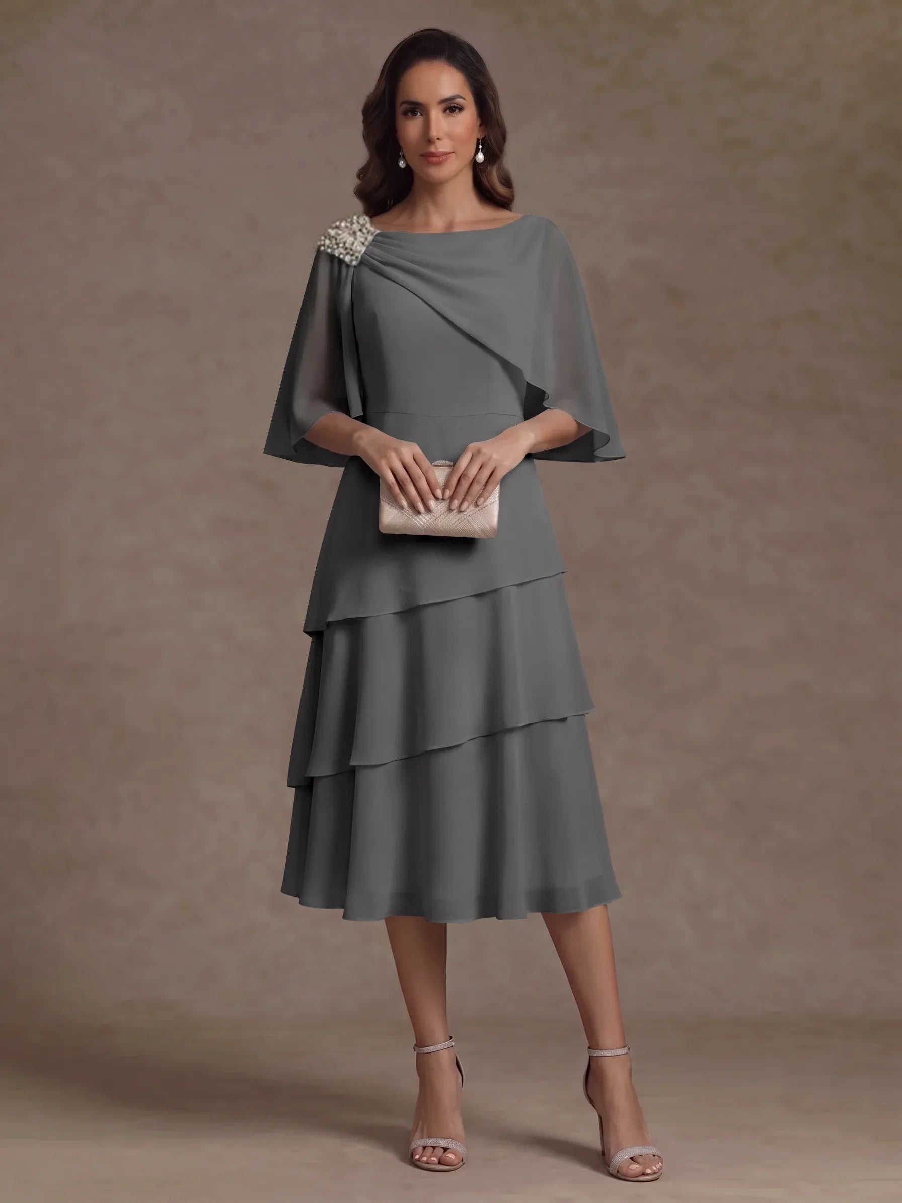 A-Line/Princess Boat Neck Chiffon Mother of the Bride Dresses Tea-Length Cape Sleeves Ruffles