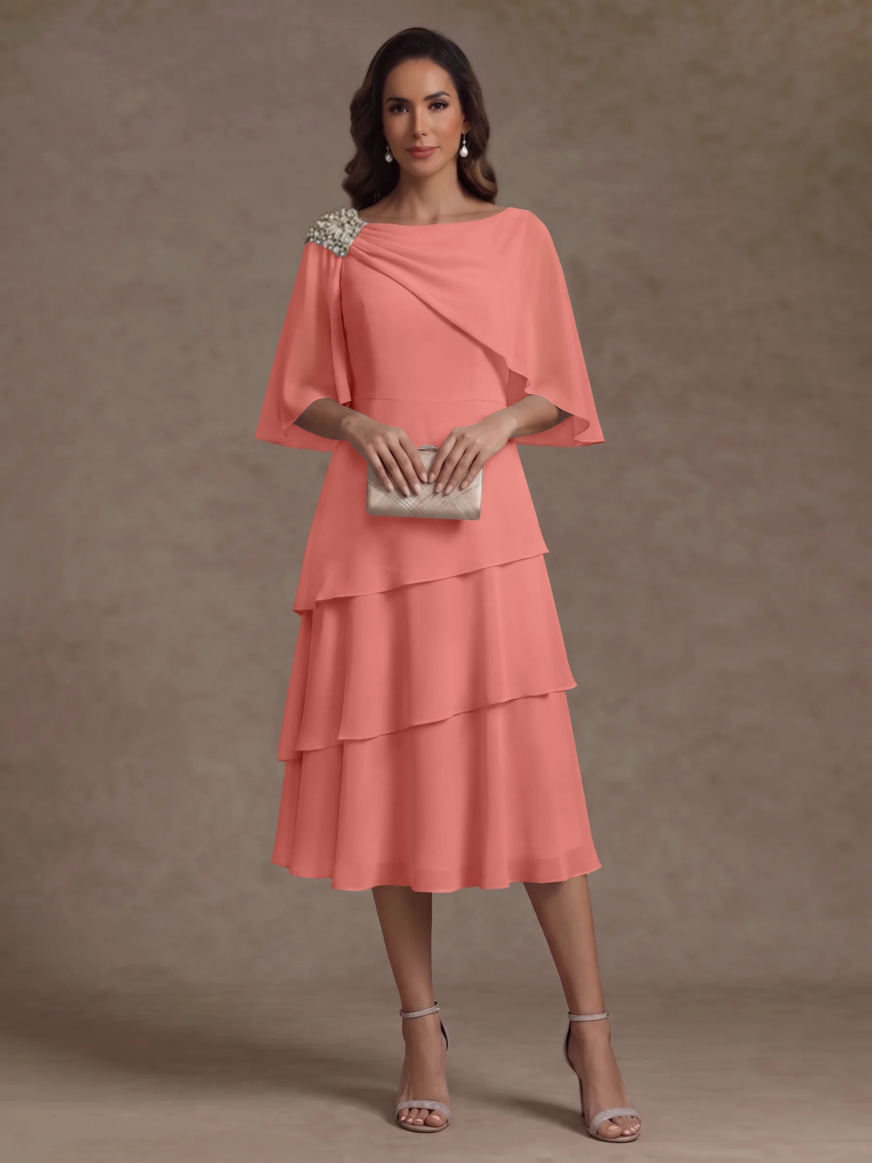 A-Line/Princess Boat Neck Chiffon Mother of the Bride Dresses Tea-Length Cape Sleeves Ruffles