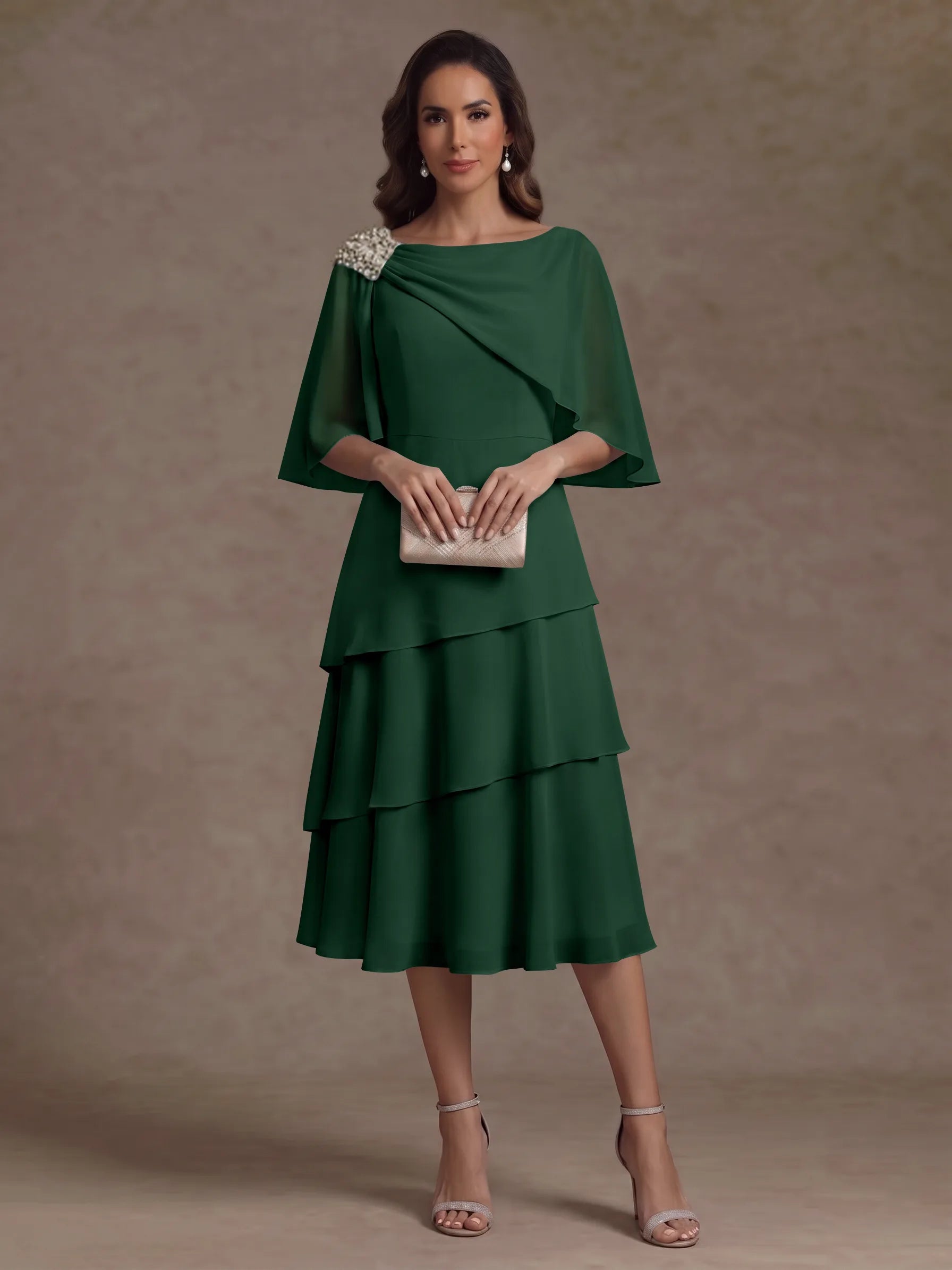 A-Line/Princess Boat Neck Chiffon Mother of the Bride Dresses Tea-Length Cape Sleeves Ruffles