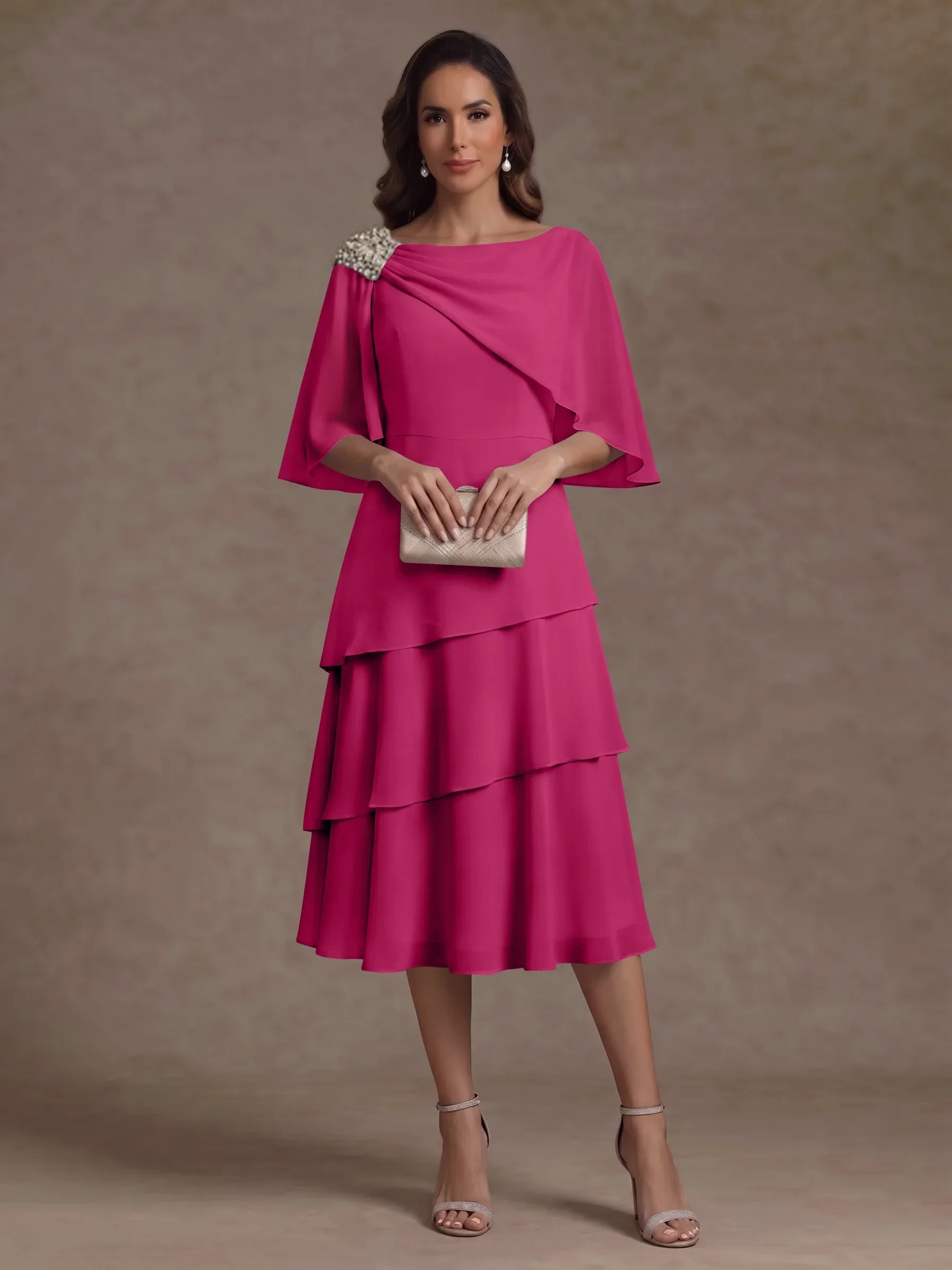 A-Line/Princess Boat Neck Chiffon Mother of the Bride Dresses Tea-Length Cape Sleeves Ruffles