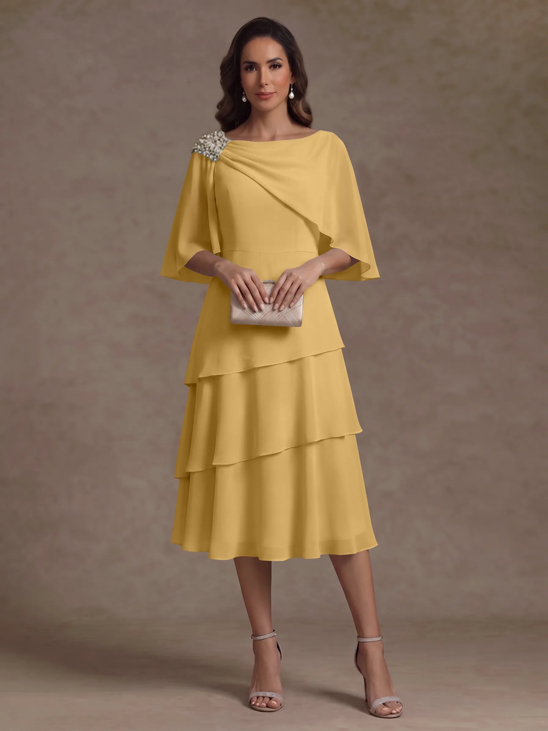 A-Line/Princess Boat Neck Chiffon Mother of the Bride Dresses Tea-Length Cape Sleeves Ruffles