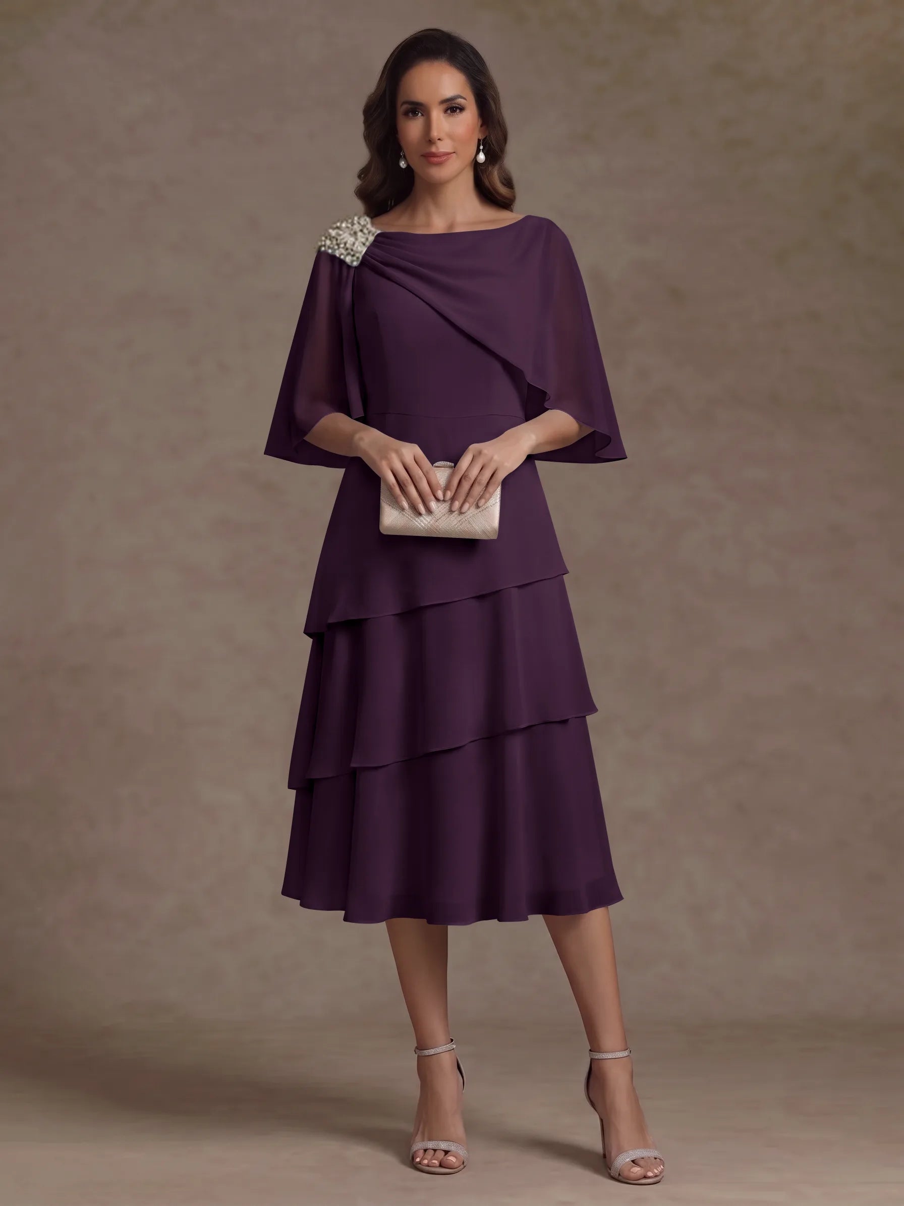 A-Line/Princess Boat Neck Chiffon Mother of the Bride Dresses Tea-Length Cape Sleeves Ruffles