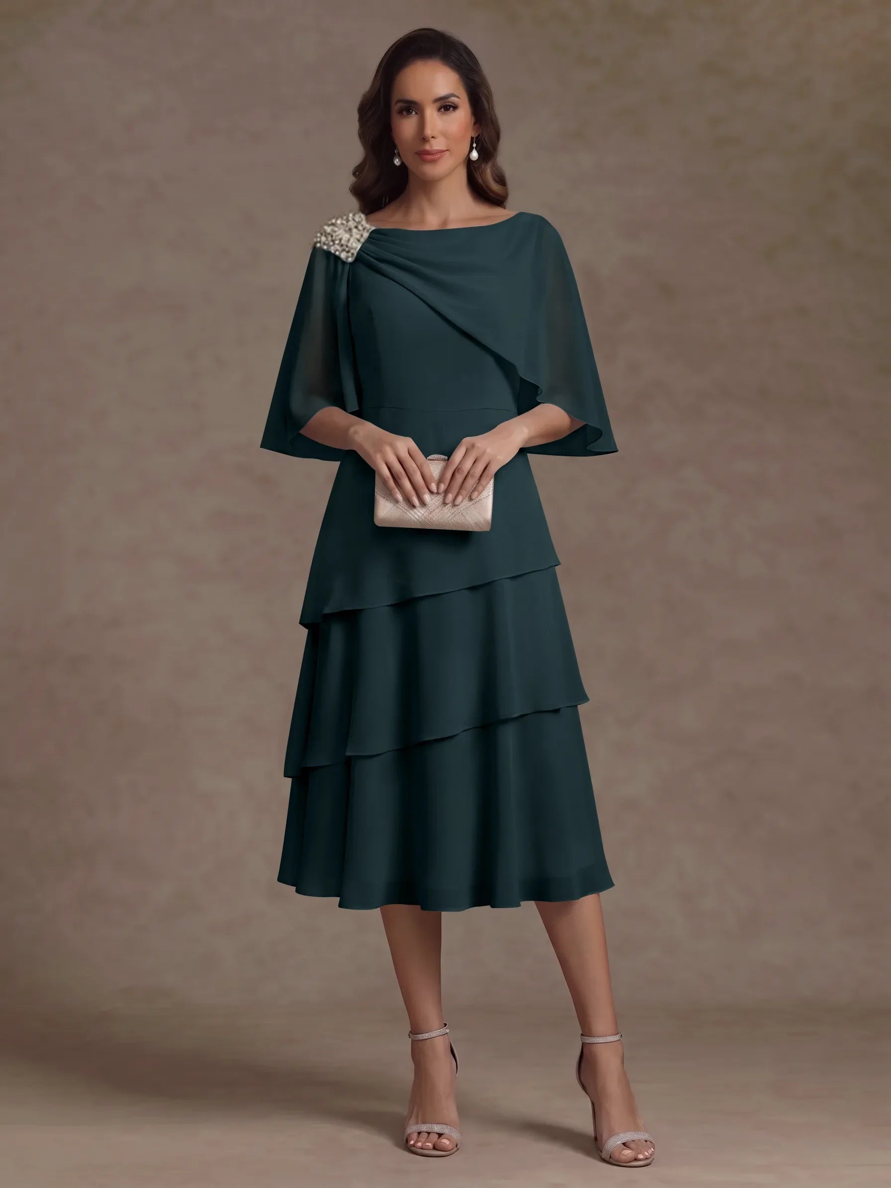 A-Line/Princess Boat Neck Chiffon Mother of the Bride Dresses Tea-Length Cape Sleeves Ruffles