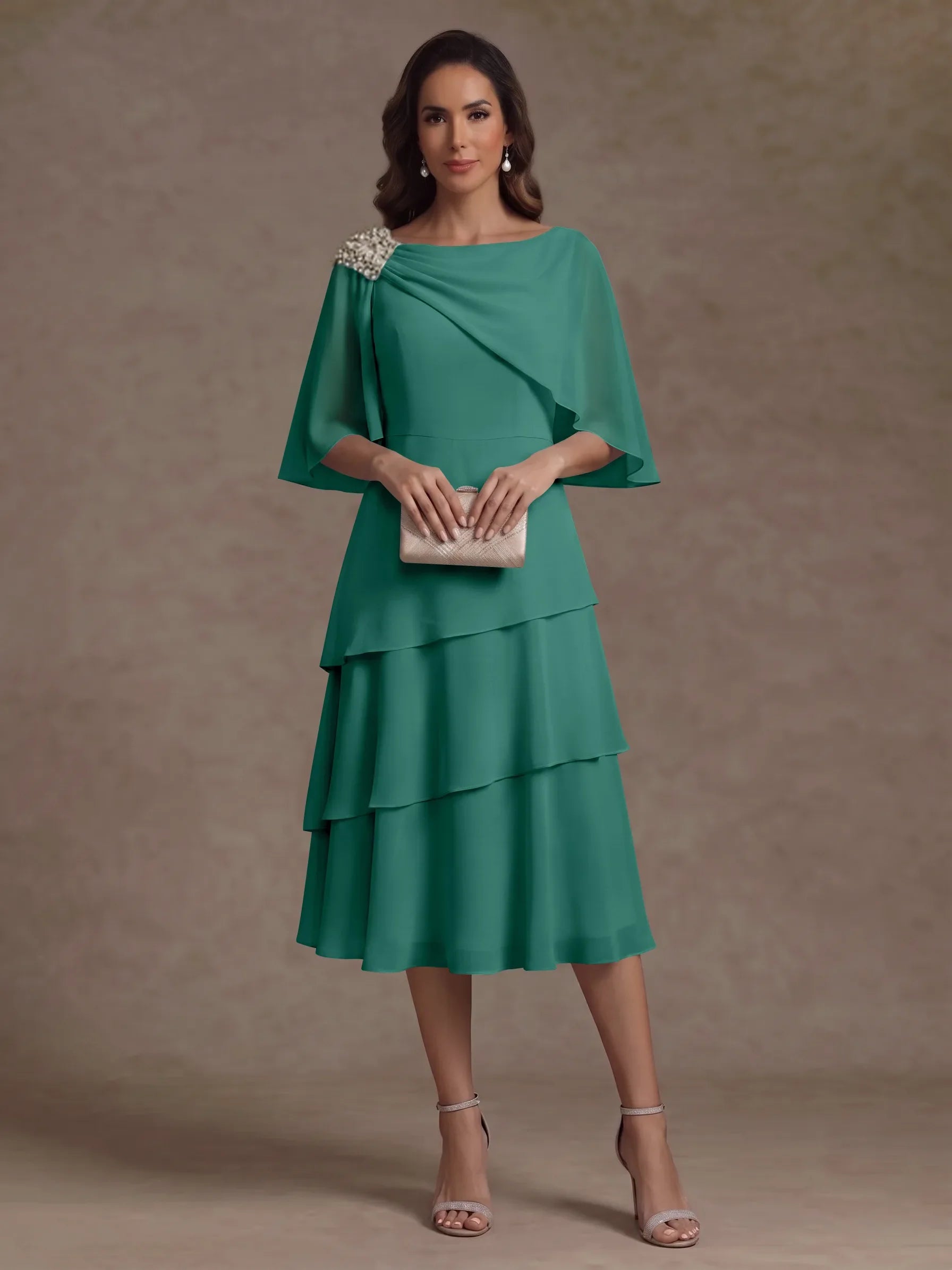 A-Line/Princess Boat Neck Chiffon Mother of the Bride Dresses Tea-Length Cape Sleeves Ruffles