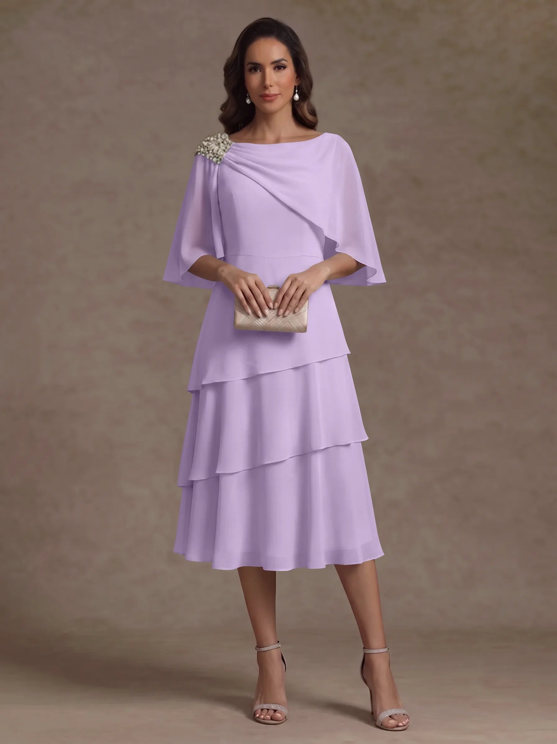 A-Line/Princess Boat Neck Chiffon Mother of the Bride Dresses Tea-Length Cape Sleeves Ruffles