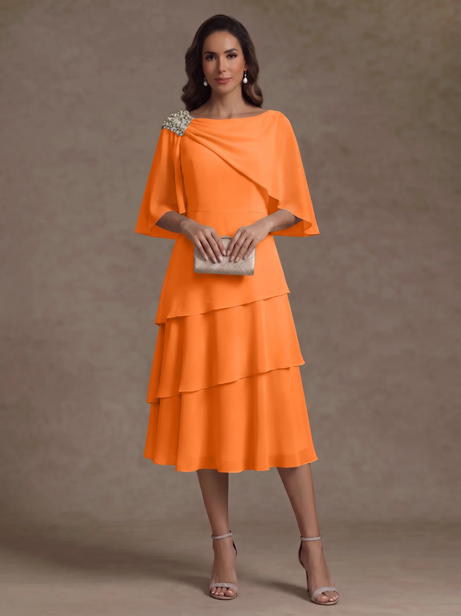 A-Line/Princess Boat Neck Chiffon Mother of the Bride Dresses Tea-Length Cape Sleeves Ruffles