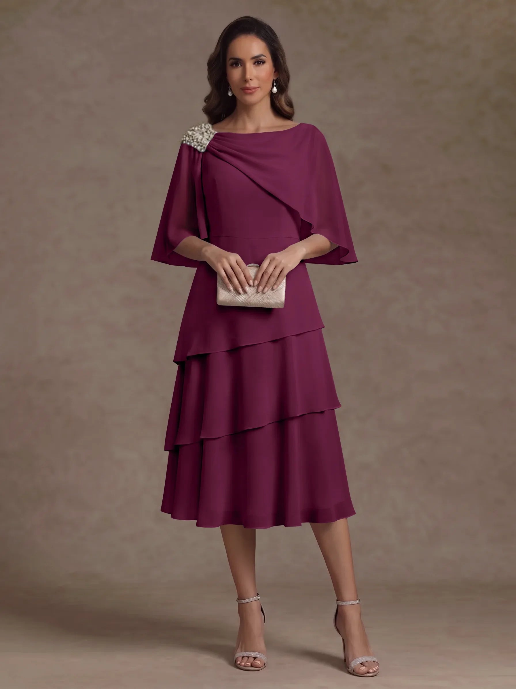 A-Line/Princess Boat Neck Chiffon Mother of the Bride Dresses Tea-Length Cape Sleeves Ruffles