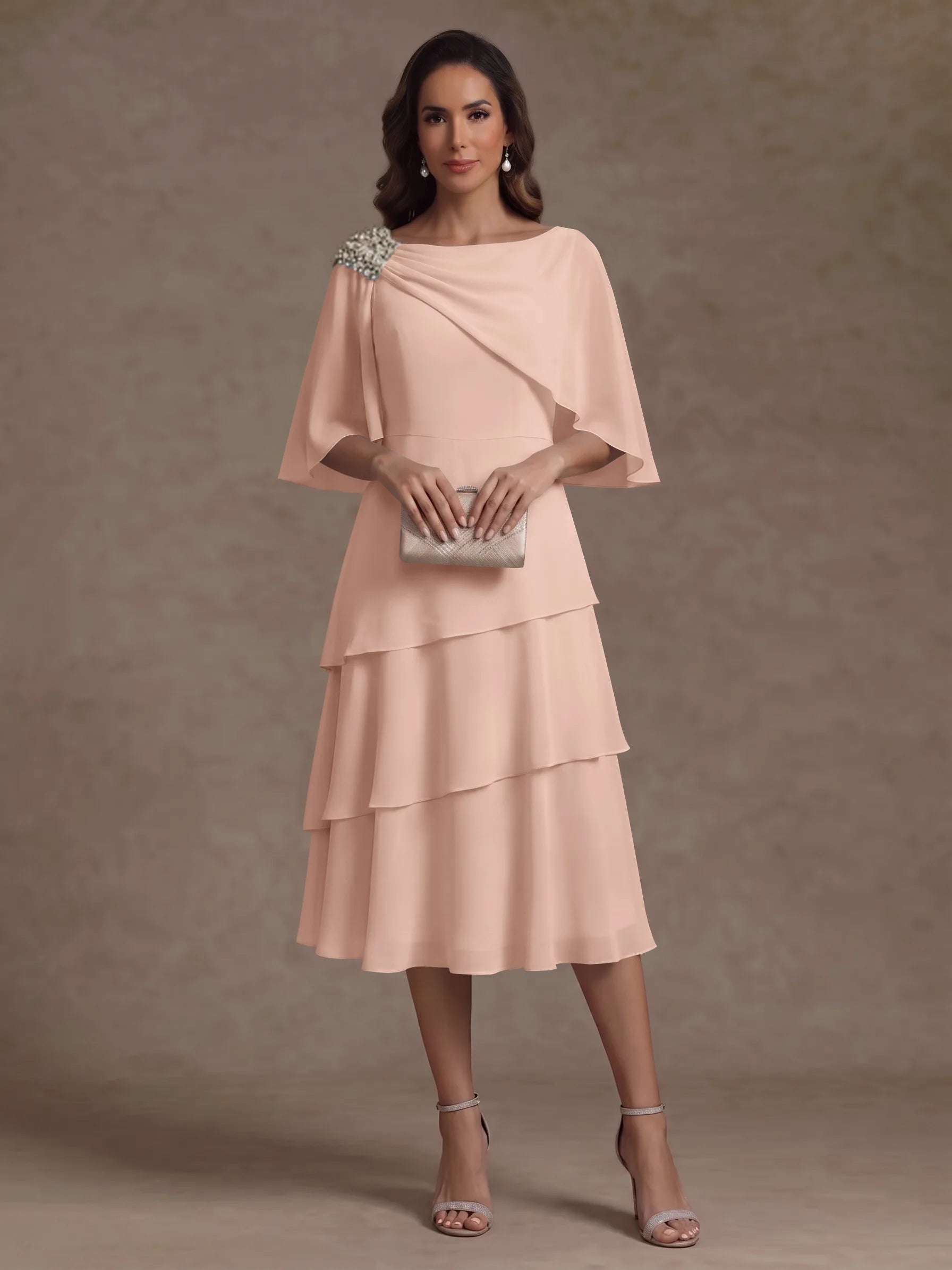 A-Line/Princess Boat Neck Chiffon Mother of the Bride Dresses Tea-Length Cape Sleeves Ruffles