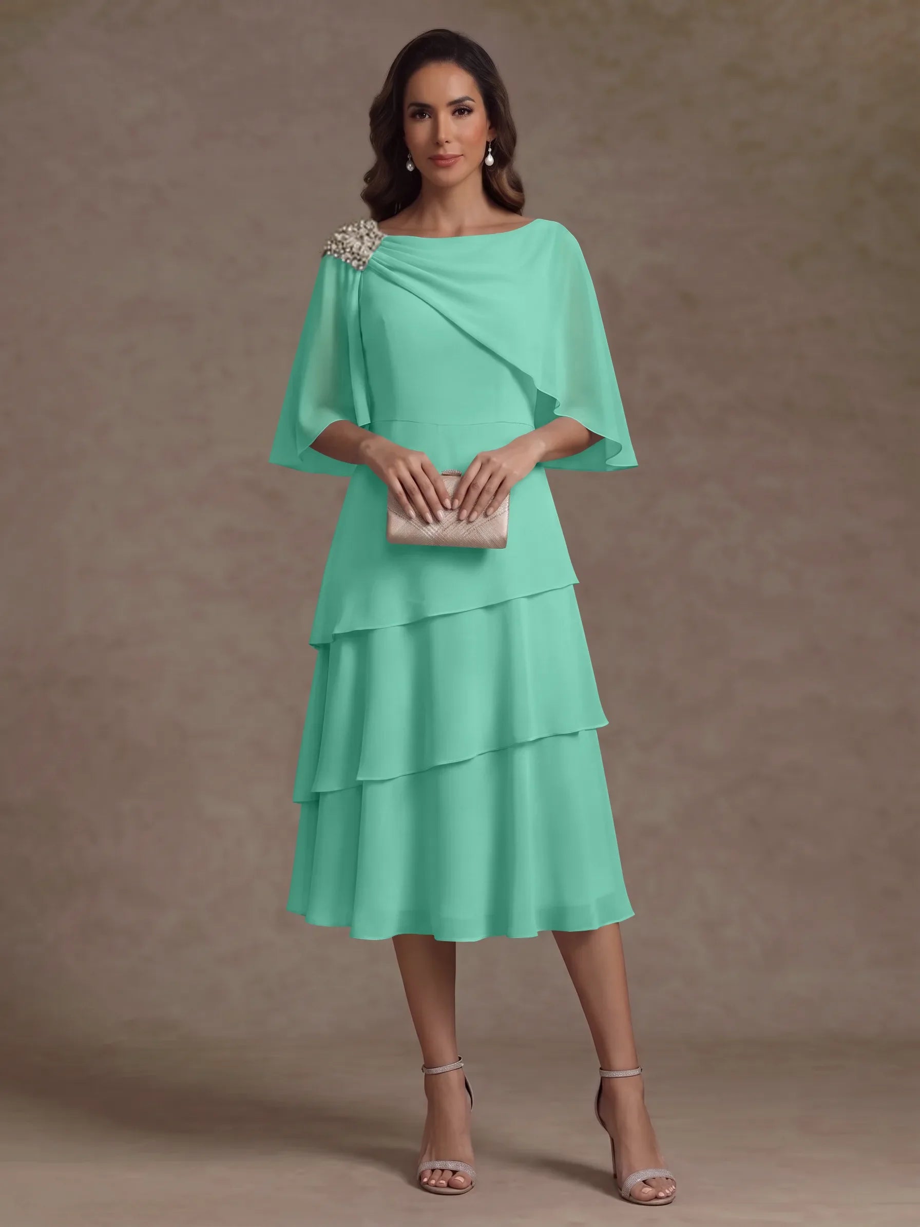 A-Line/Princess Boat Neck Chiffon Mother of the Bride Dresses Tea-Length Cape Sleeves Ruffles