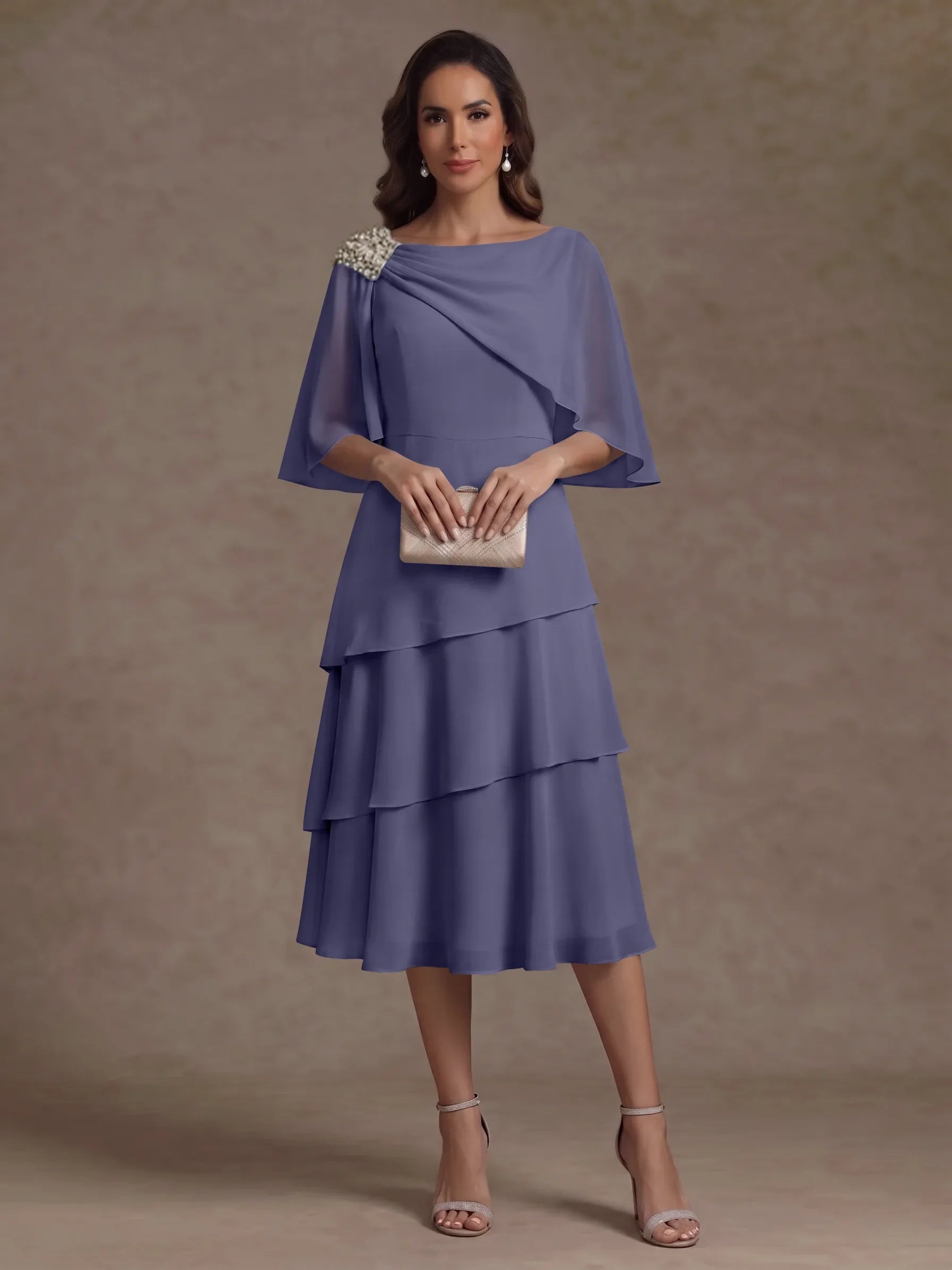 A-Line/Princess Boat Neck Chiffon Mother of the Bride Dresses Tea-Length Cape Sleeves Ruffles