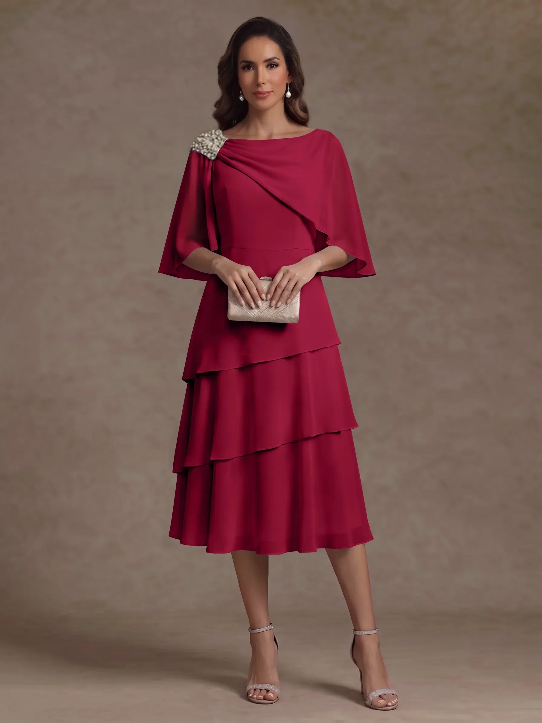 A-Line/Princess Boat Neck Chiffon Mother of the Bride Dresses Tea-Length Cape Sleeves Ruffles