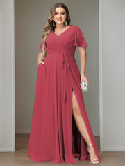 A Line/Princess Chiffon V-Neck Short Sleeves Floor-Length Bridesmaid Dresses