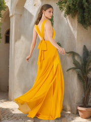 A Line/Princess Deep V-Neck Sleeveless Floor-Length Chiffon Bridesmaid Dresses with Ruffles