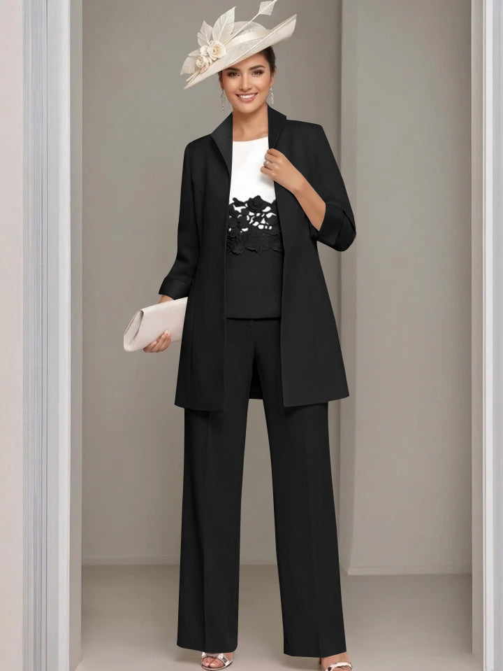 3 Pieces Square-Neck Ankle Length Mother of the Bride Pantsuits with Jacket & Appliques Lace