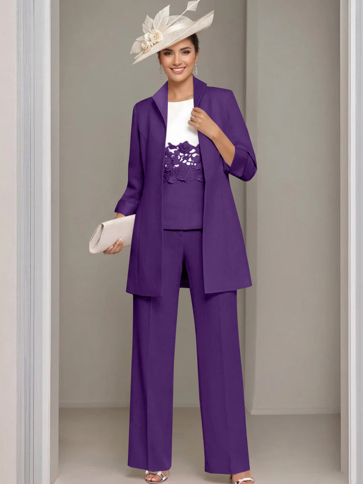 3 Pieces Square-Neck Ankle Length Mother of the Bride Pantsuits with Jacket & Appliques Lace