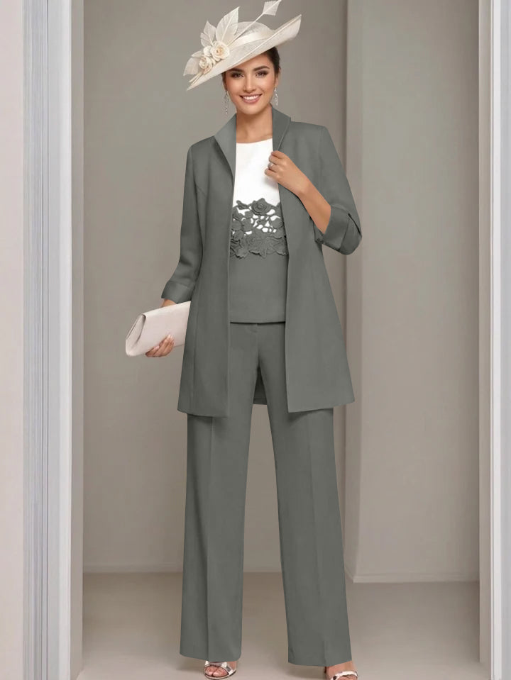 3 Pieces Square-Neck Ankle Length Mother of the Bride Pantsuits with Jacket & Appliques Lace