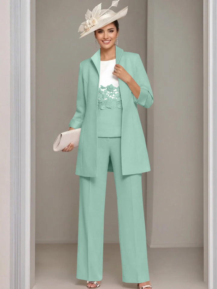 3 Pieces Square-Neck Ankle Length Mother of the Bride Pantsuits with Jacket & Appliques Lace