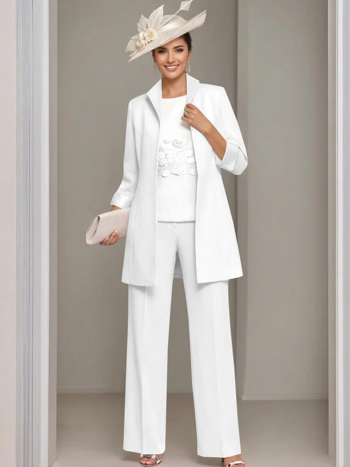 3 Pieces Square-Neck Ankle Length Mother of the Bride Pantsuits with Jacket & Appliques Lace