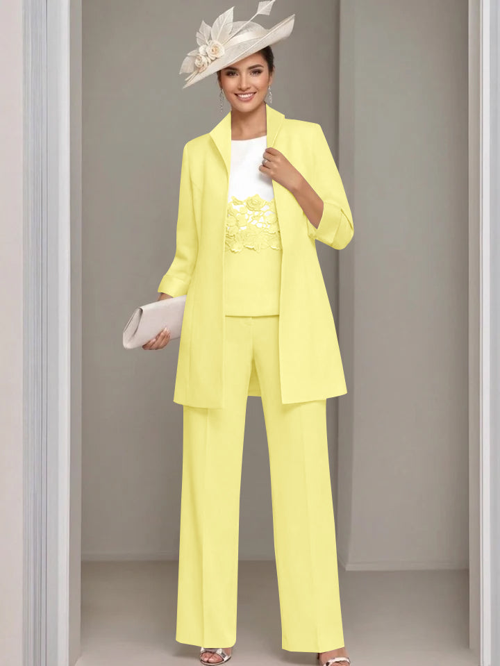 3 Pieces Square-Neck Ankle Length Mother of the Bride Pantsuits with Jacket & Appliques Lace