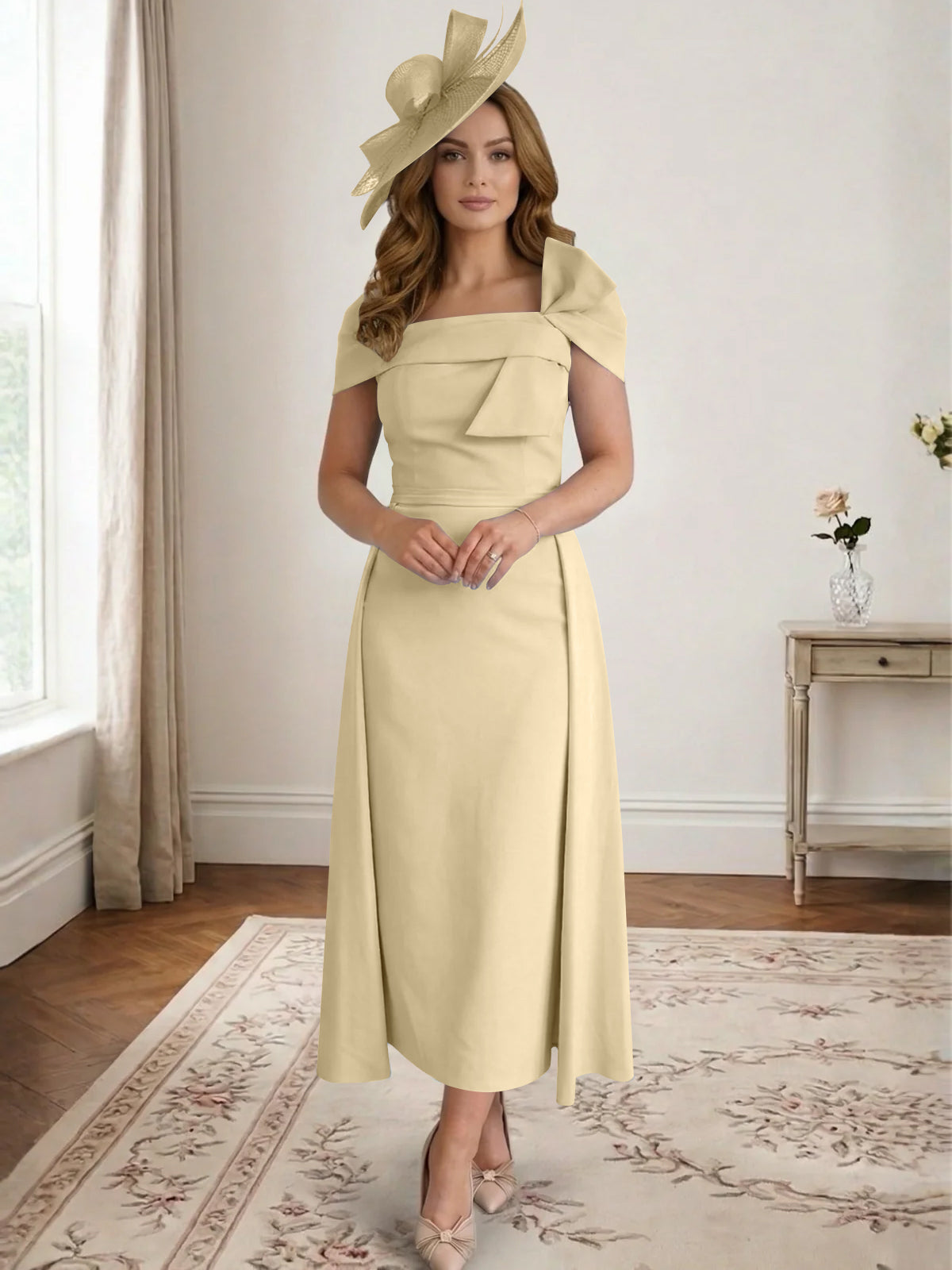 A Line/Princess Off-the-Shoulder Tea-Length Mother of the Bride Dresses with Bowknot