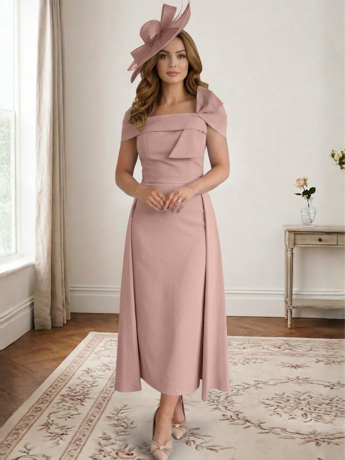 A Line/Princess Off-the-Shoulder Tea-Length Mother of the Bride Dresses with Bowknot