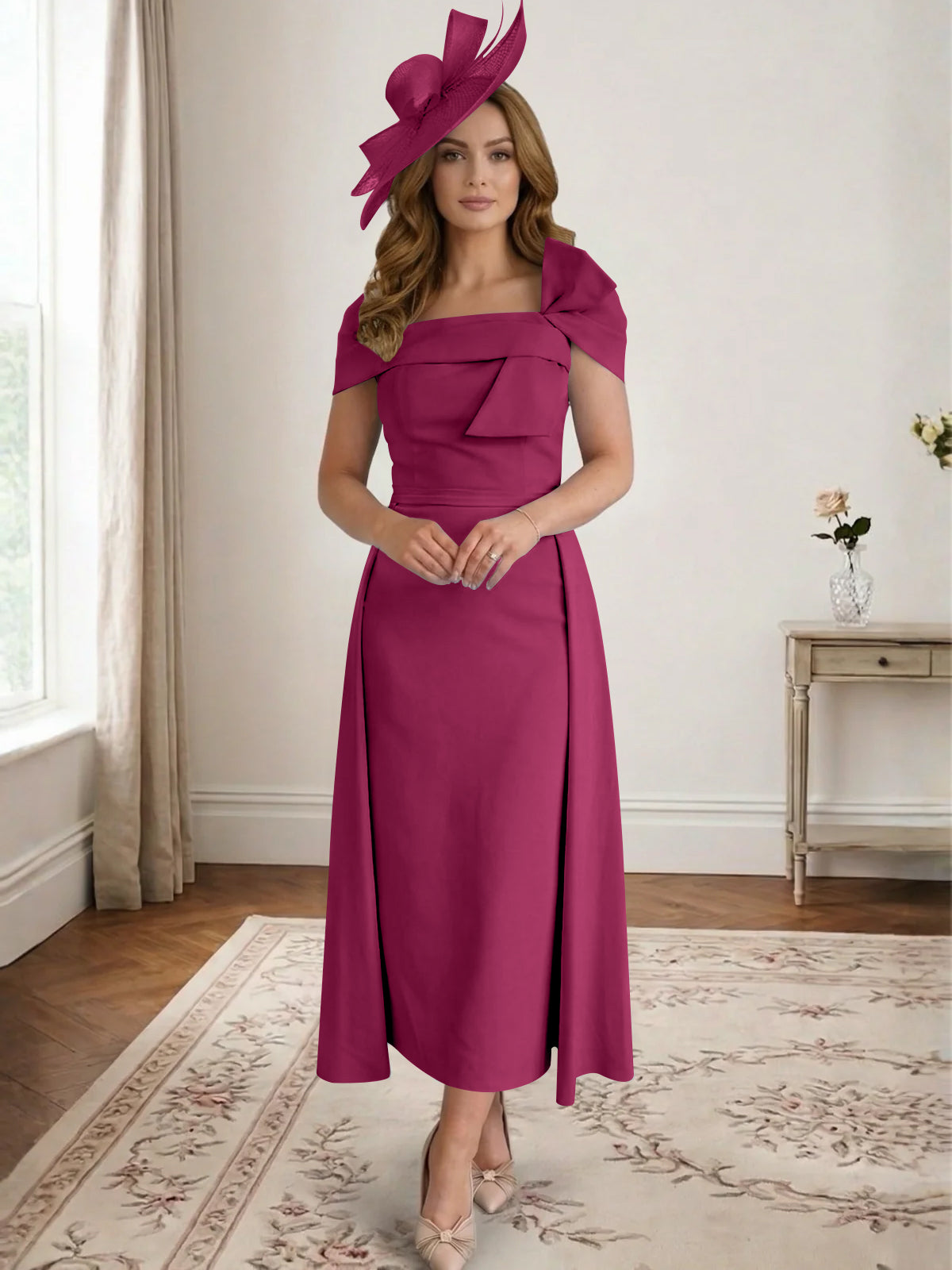 A Line/Princess Off-the-Shoulder Tea-Length Mother of the Bride Dresses with Bowknot