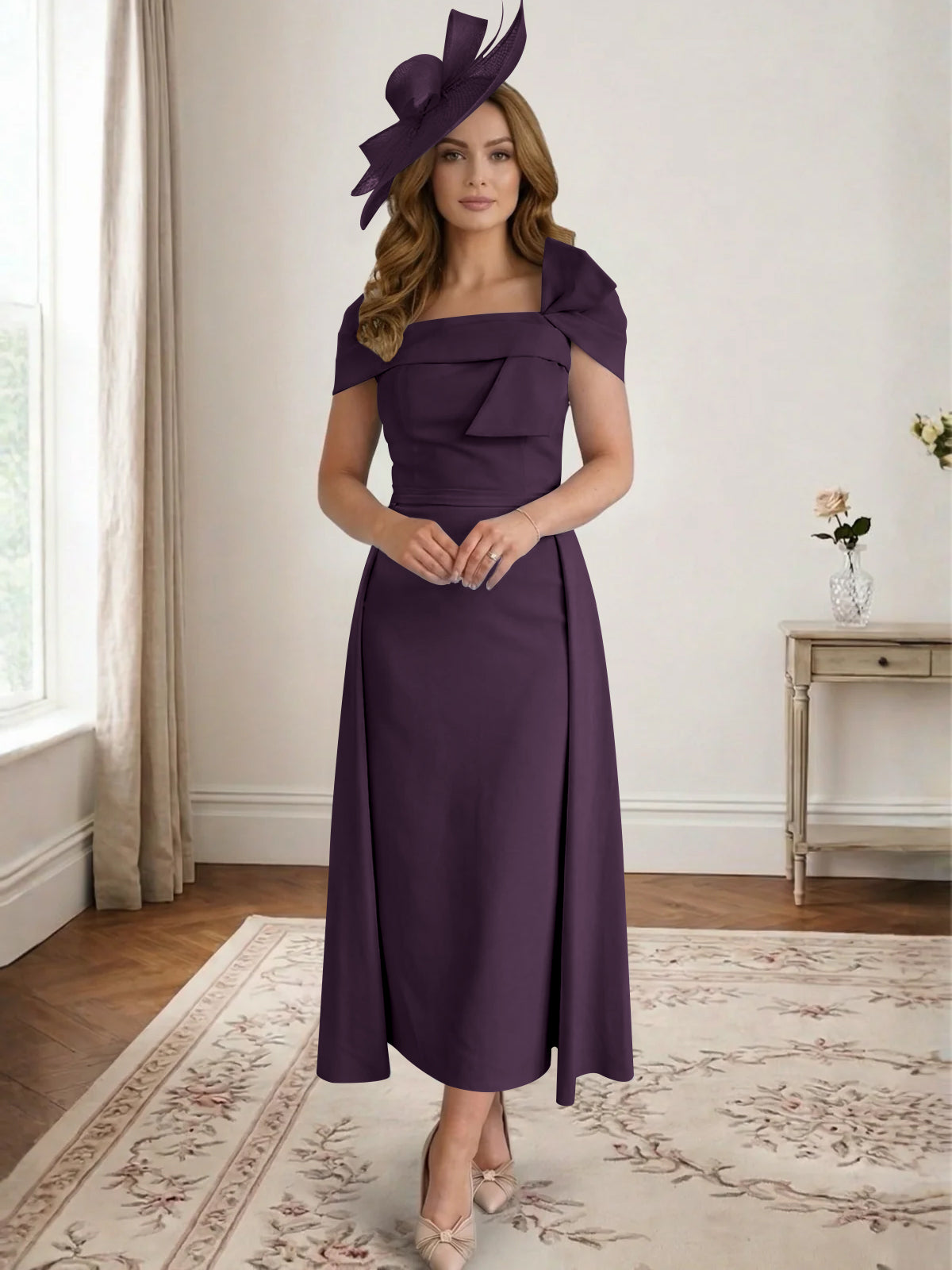 A Line/Princess Off-the-Shoulder Tea-Length Mother of the Bride Dresses with Bowknot