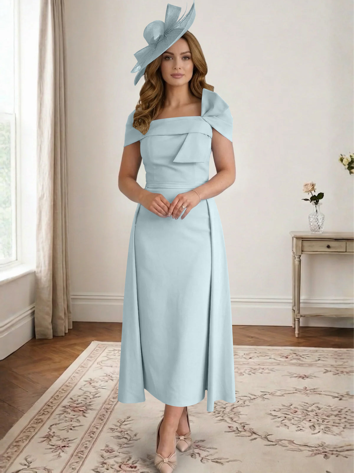 A Line/Princess Off-the-Shoulder Tea-Length Mother of the Bride Dresses with Bowknot