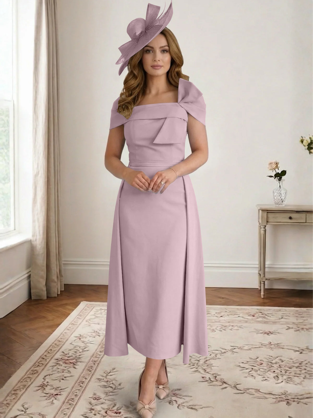 A Line/Princess Off-the-Shoulder Tea-Length Mother of the Bride Dresses with Bowknot