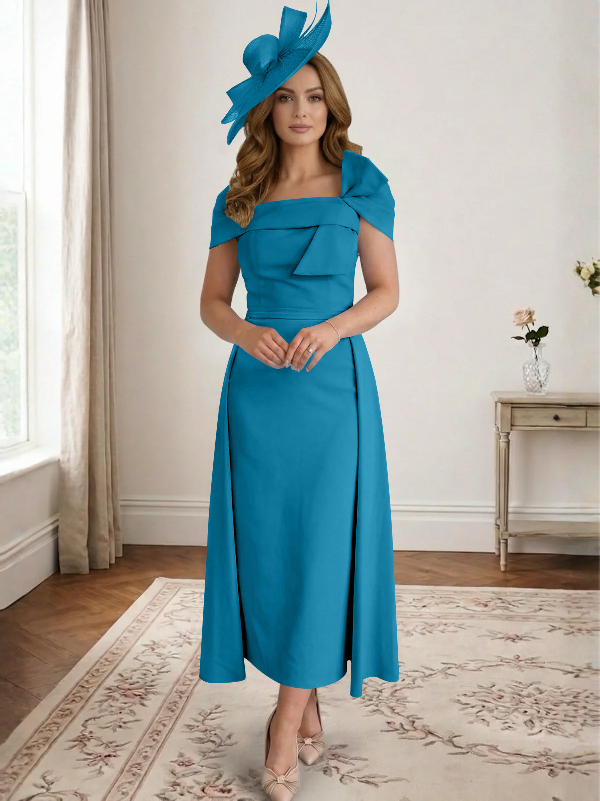 A Line/Princess Off-the-Shoulder Tea-Length Mother of the Bride Dresses with Bowknot