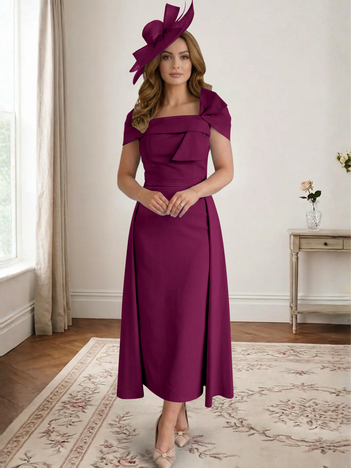 A Line/Princess Off-the-Shoulder Tea-Length Mother of the Bride Dresses with Bowknot