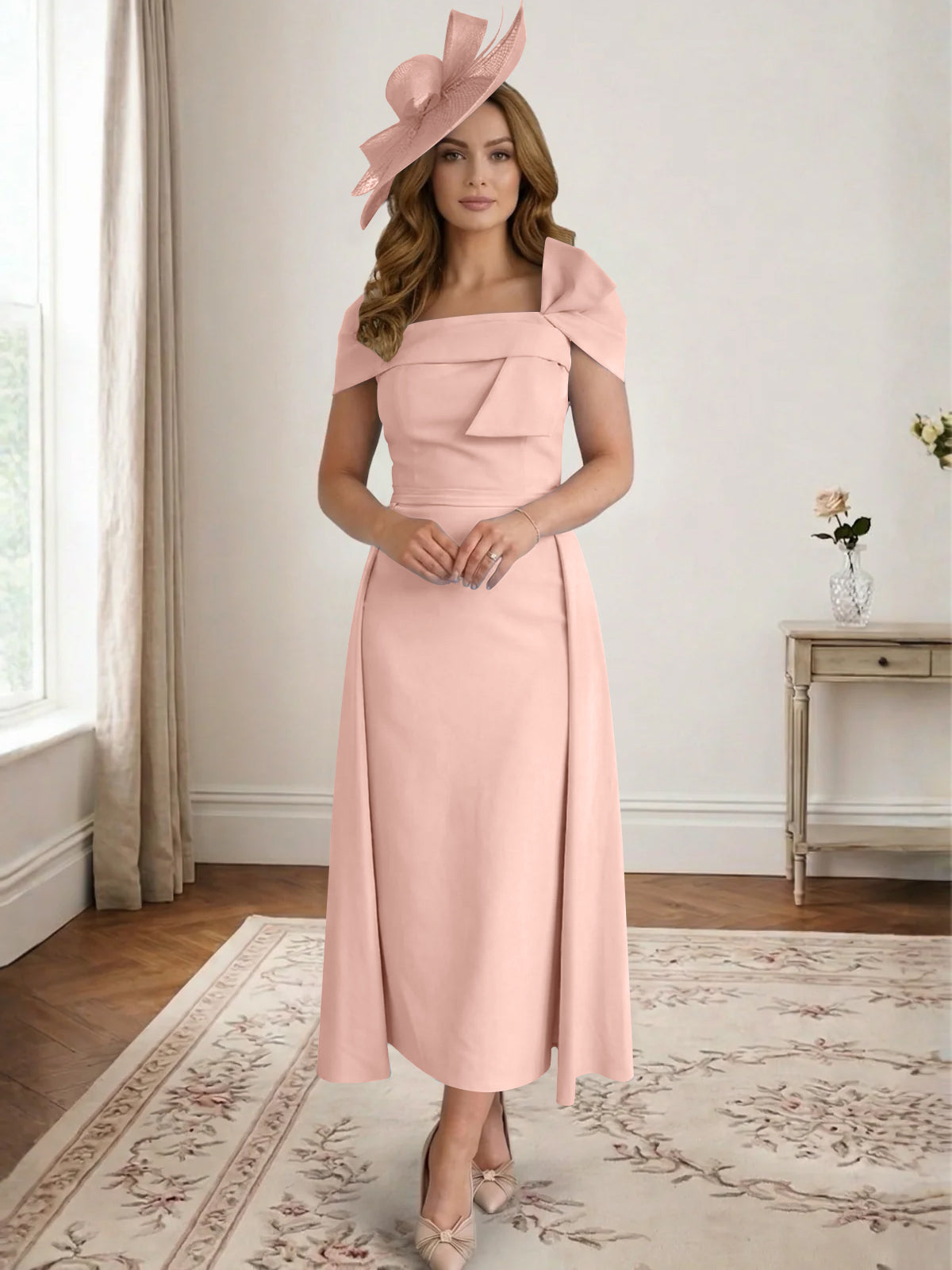 A Line/Princess Off-the-Shoulder Tea-Length Mother of the Bride Dresses with Bowknot