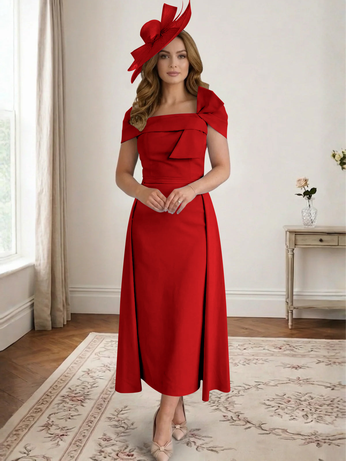 A Line/Princess Off-the-Shoulder Tea-Length Mother of the Bride Dresses with Bowknot