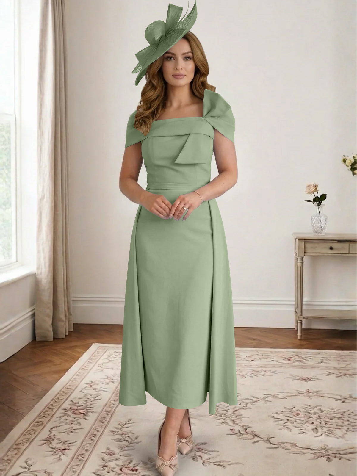 A Line/Princess Off-the-Shoulder Tea-Length Mother of the Bride Dresses with Bowknot
