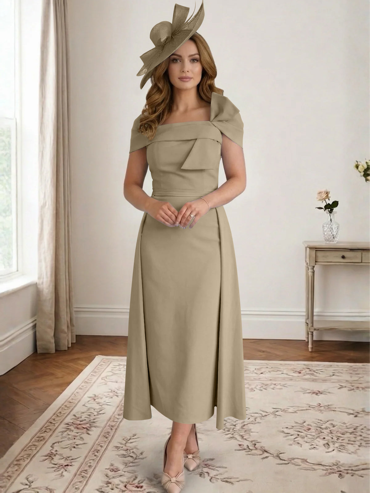 A Line/Princess Off-the-Shoulder Tea-Length Mother of the Bride Dresses with Bowknot