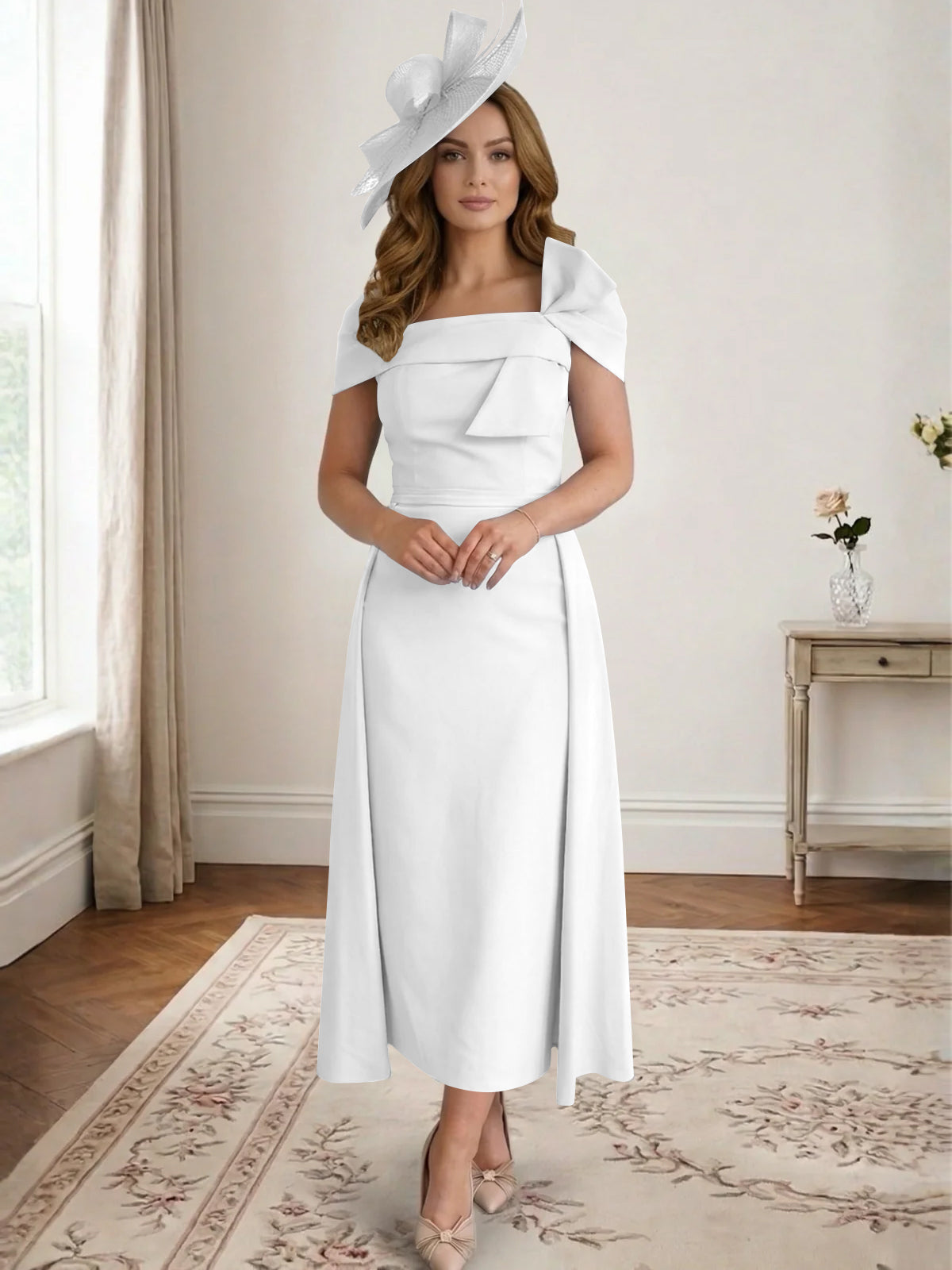 A Line/Princess Off-the-Shoulder Tea-Length Mother of the Bride Dresses with Bowknot