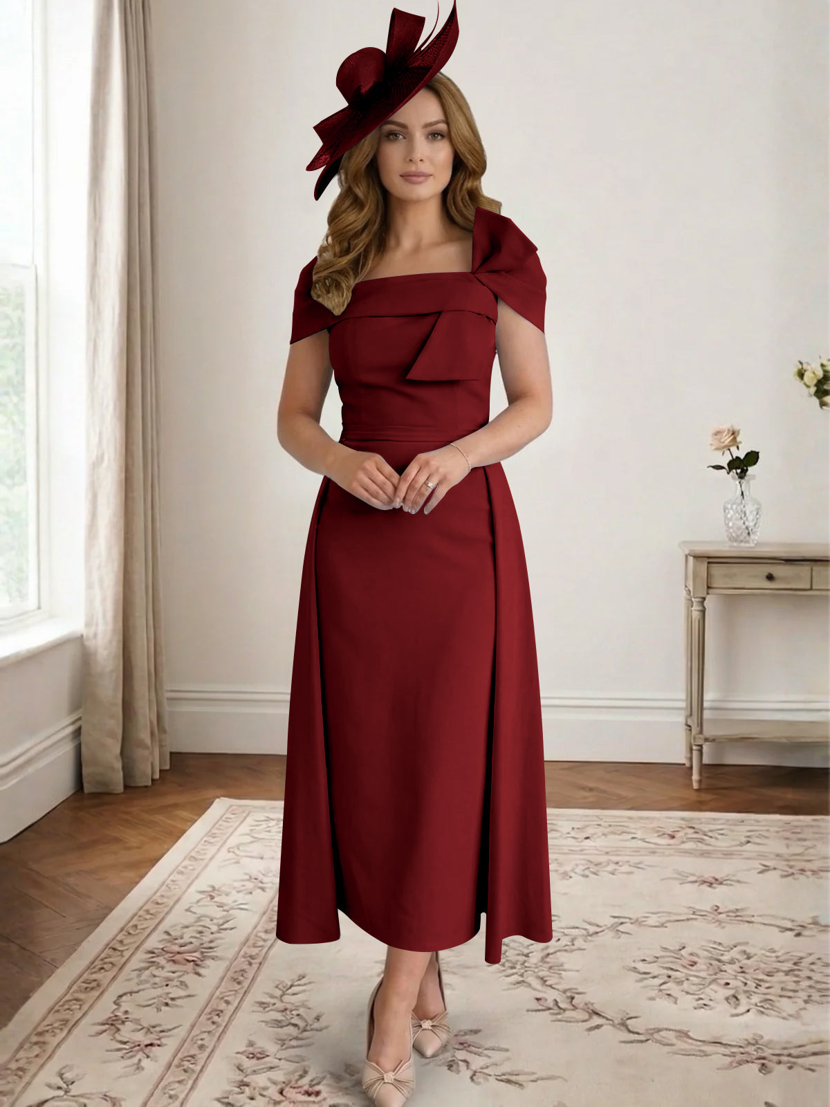 A Line/Princess Off-the-Shoulder Tea-Length Mother of the Bride Dresses with Bowknot