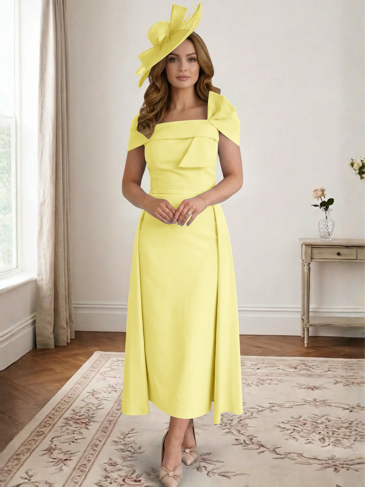 A Line/Princess Off-the-Shoulder Tea-Length Mother of the Bride Dresses with Bowknot