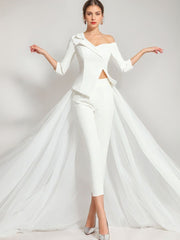 3/4 Sleeves One-Shoulder White Tulle Elegant Wedding Pant Suit Styles