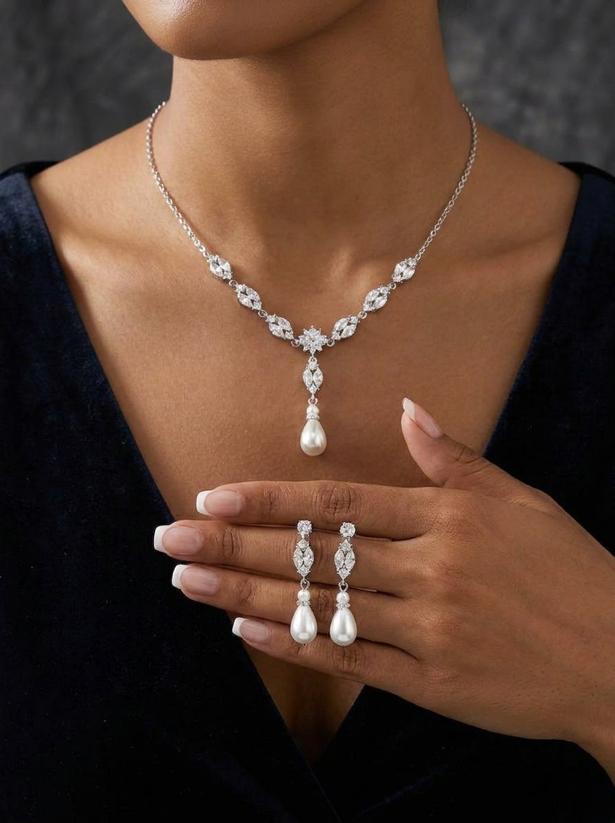1 set Bridal Jewelry Two-piece Suit Rhinestone Imitation Diamond Necklace Earrings Women's Jewelry Set  For Wedding Gift