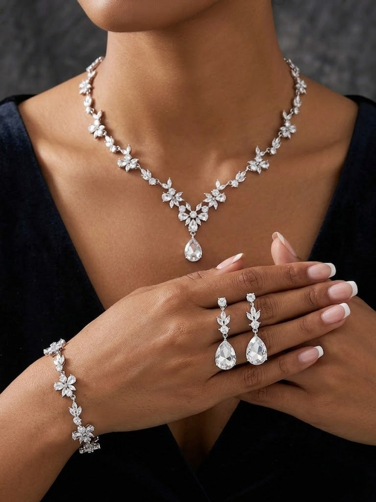 1 set Bridal Jewelry Three-piece Suit Rhinestone Imitation Diamond Necklace Earrings Bracelet Women's Jewelry Set  For Wedding Gift