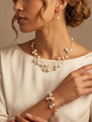 3 Layers Station Pearl  Women's Wedding Jewelry Sets For Bridal & Bridesmaid Earrings & Necklace & Bracelet Set of 3
