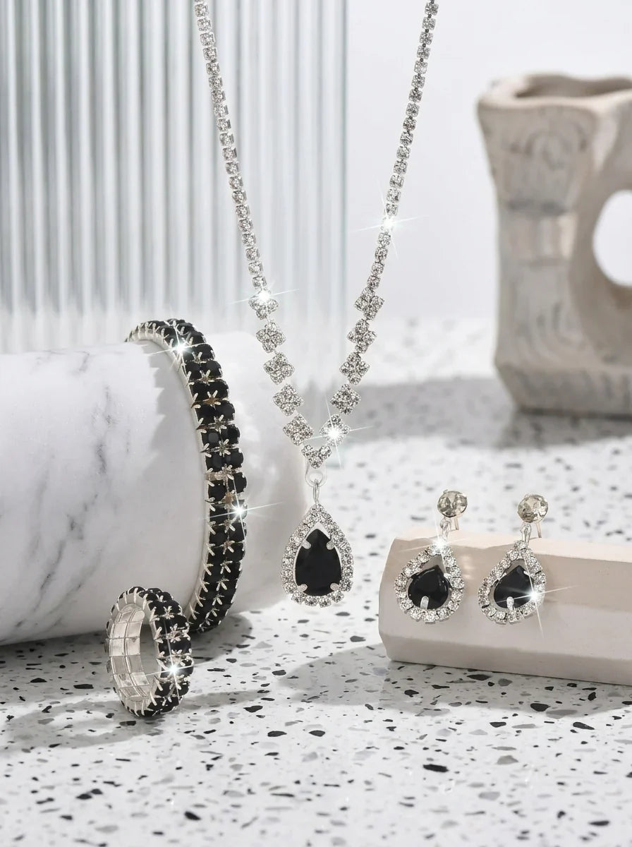 4 Pieces Rhinestone Wedding Jewelry Sets For Bridal & Bridesmaid Earrings & Necklace & Bracelet & Ring