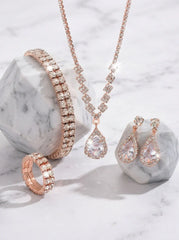 4 Pieces Rhinestone Wedding Jewelry Sets For Bridal & Bridesmaid Earrings & Necklace & Bracelet & Ring