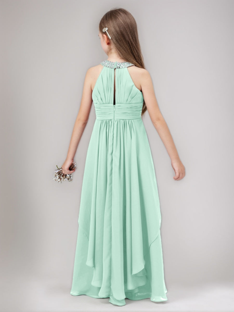 A-line/Princess Beaded Halter Ruched Floor-Length Junior Bridesmaid Dress with Ruffles