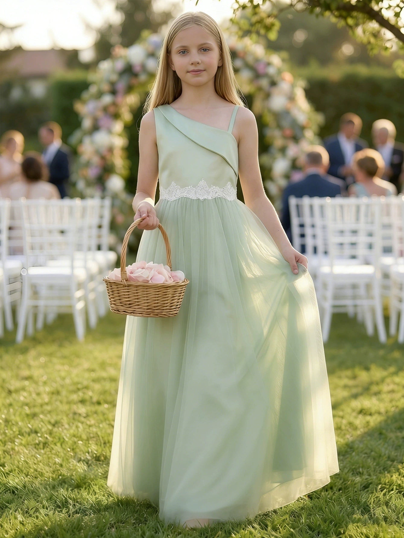 A-Line/Princess Asymmetrical Neck Satin Tulle Lace Flower Girl Dresses Sleeveless Floor-Length