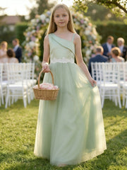 A-Line/Princess Asymmetrical Neck Satin Tulle Lace Flower Girl Dresses Sleeveless Floor-Length