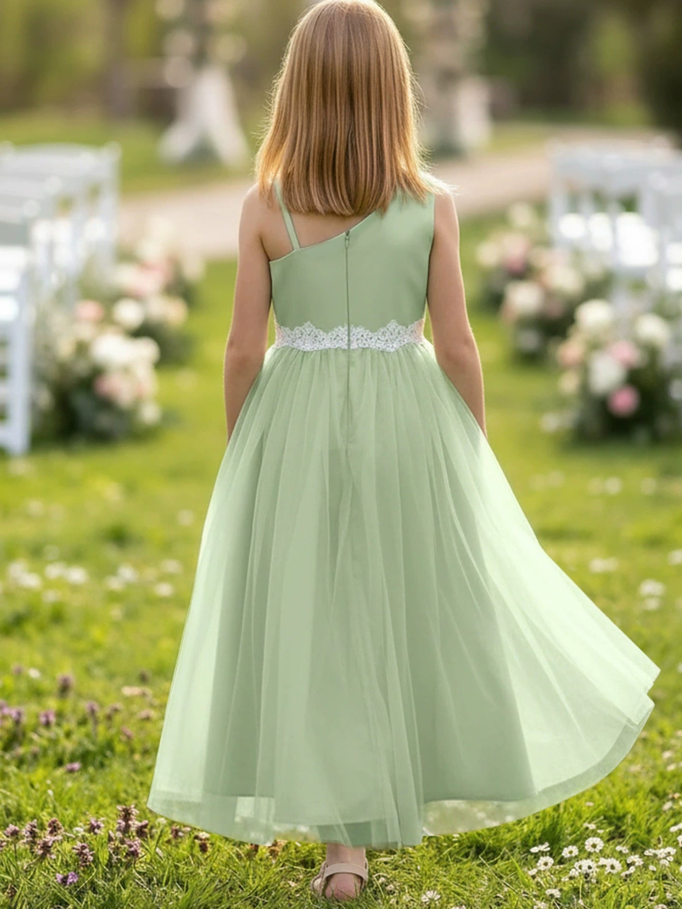 A-Line/Princess Asymmetrical Neck Satin Tulle Lace Flower Girl Dresses Sleeveless Floor-Length
