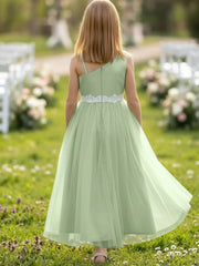 A-Line/Princess Asymmetrical Neck Satin Tulle Lace Flower Girl Dresses Sleeveless Floor-Length