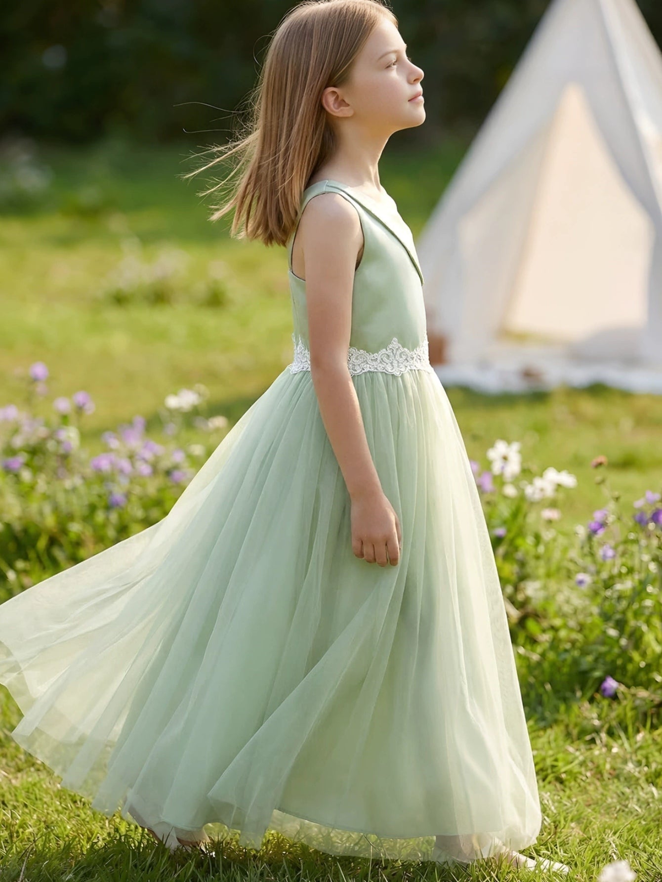 A-Line/Princess Asymmetrical Neck Satin Tulle Lace Flower Girl Dresses Sleeveless Floor-Length